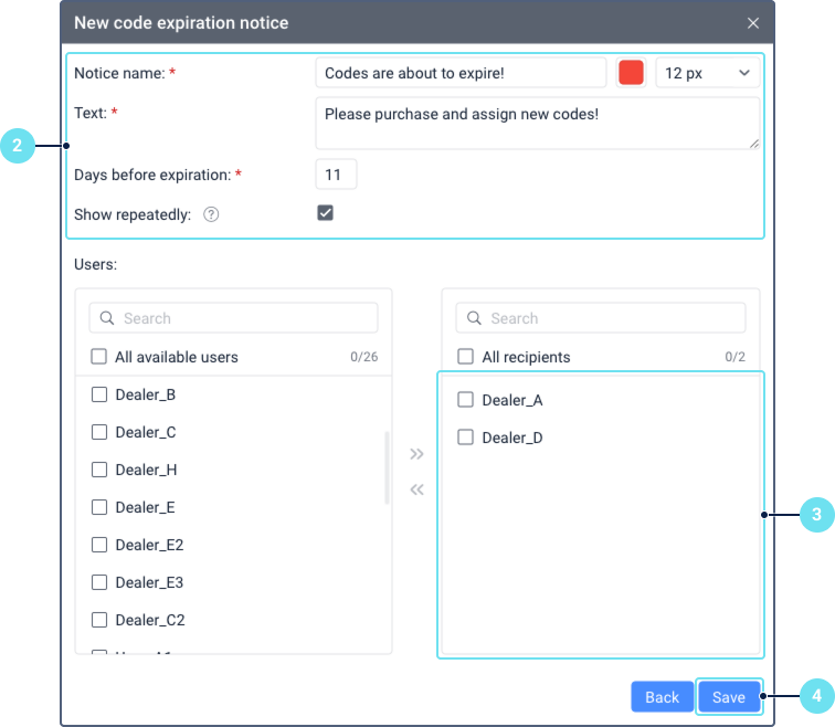 The New code expiration notice dialog with fields for Notice name, Text, Days before expiration, and Show repeatedly checkbox, plus a Users section with two lists for selecting recipients from available users.