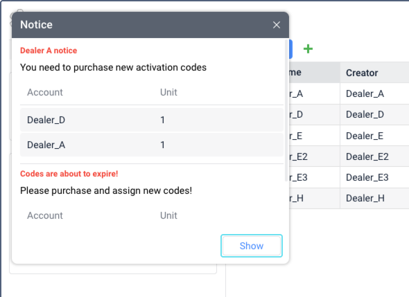 A Notice popup shown to a user upon login, displaying two code expiration notices with colored titles, descriptive text, and tables with Account and Unit columns, along with a Show button at the bottom.
