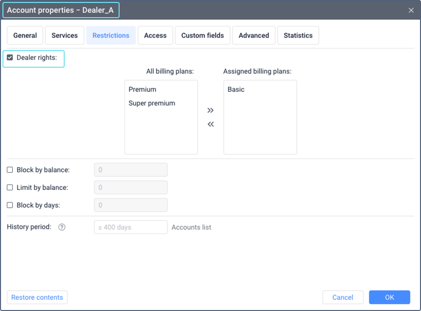 Account properties window open to the Restrictions tab in CMS Manager. The Dealer rights option is visible with a checked box, indicating it is enabled. Other options and settings are listed in a table format.