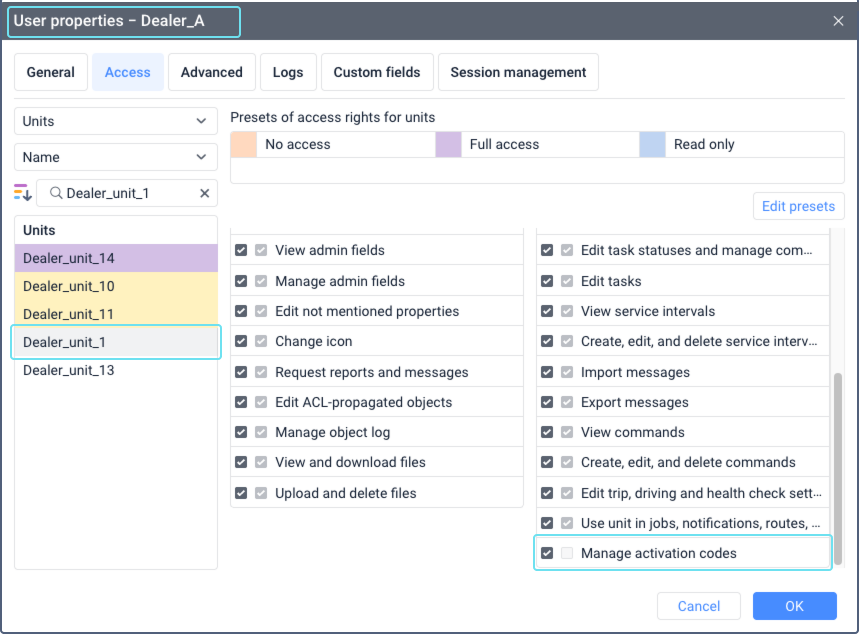 User properties window in CMS Manager with the Access tab open. The Manage activation codes access right is enabled for a unit, indicated by a checked box. Other access rights are listed in a table format.