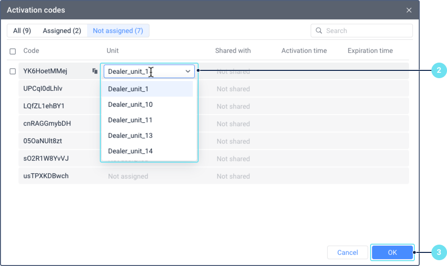 Activation codes window in CMS Manager showing a list of activation codes with columns for code, unit, shared with, activation and expiration dates. The user is typing a unit name in the Unit field to assign a code.