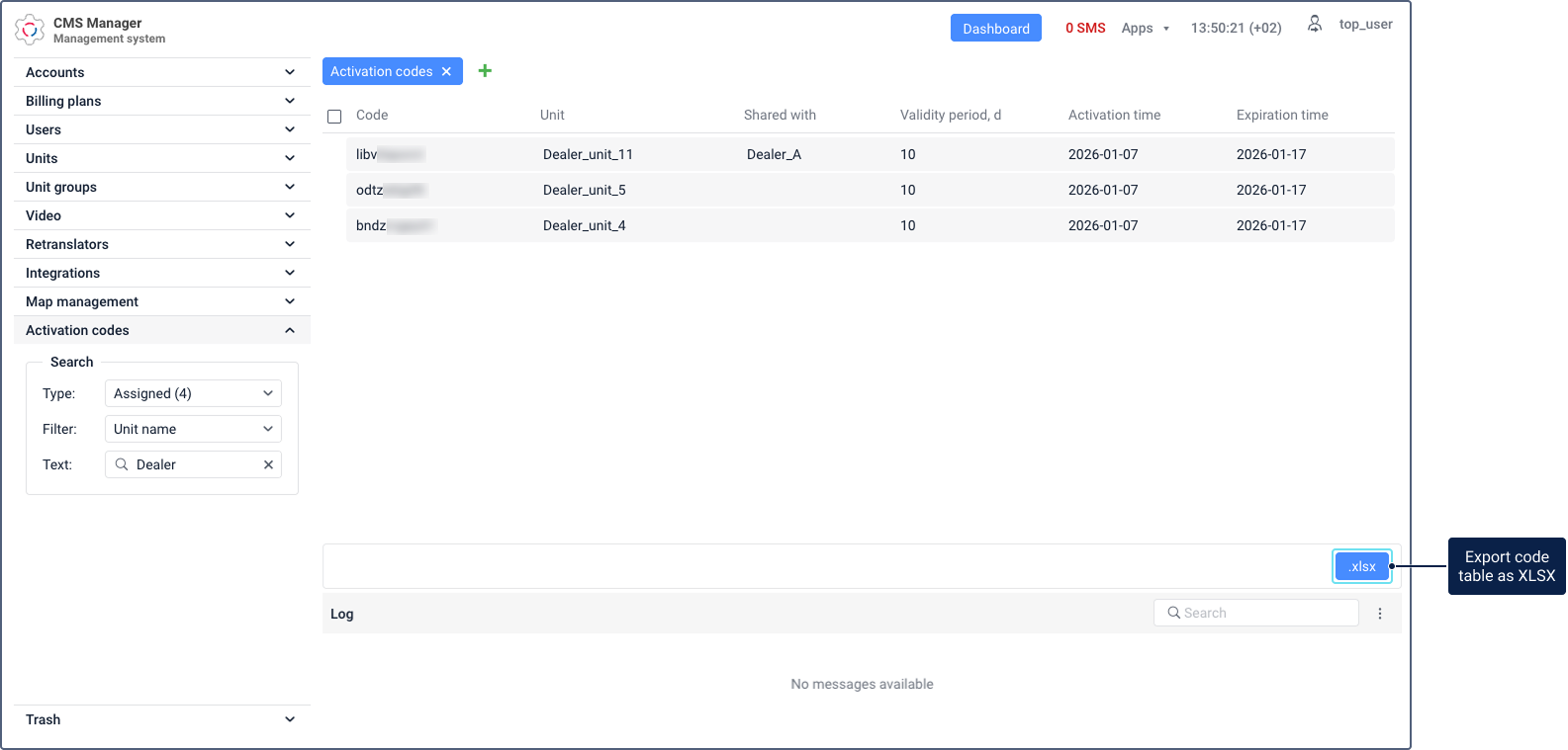 The "Activation codes" section in CMS Manager showing the toolbar with the .xlsx export button highlighted. The table above displays activation codes with the "Code", "Unit", "Share with", "Validity period", "Activation time", and "Expiration time" columns.