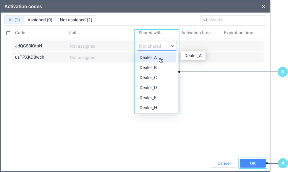 Activation codes window with columns for Code, Unit, Share with, Activation time, and Expiration time. The Share with column shows a dropdown list of accounts, with one account highlighted to indicate it is selected.