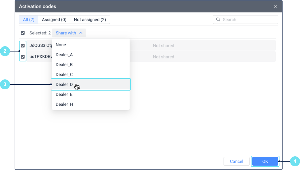 Activation codes window with multiple codes selected. The user has checked the box in the top row to select all codes. The Code, Unit, Share with, Activation time, and Expiration time columns are not visible. Instead the number of selected code is shown. The Share with column shows a dropdown list of accounts, with one account highlighted to indicate it is selected.