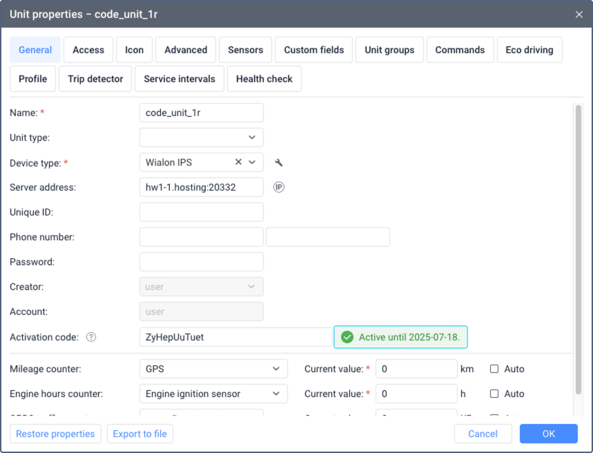 Unit properties dialog showing Active until field in green text displaying the expiration date for the activation code. The date appears next to the Activation code field in the General tab interface