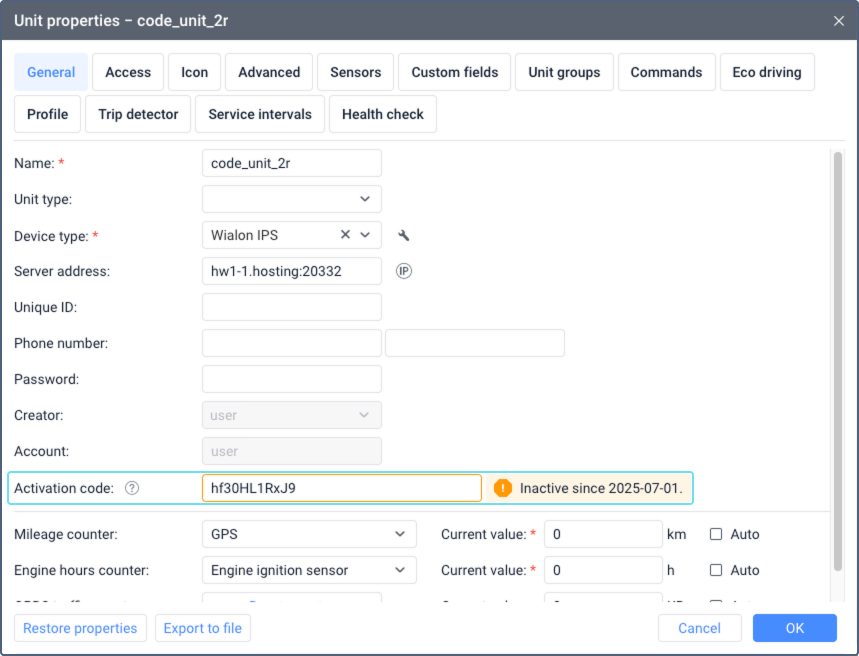 Unit properties dialog showing Inactive since field in orange text displaying the expiration date for the activation code. The date appears next to the Activation code field in the General tab interface