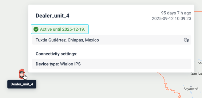 Unit tooltip in the monitoring system displaying the deactivation date