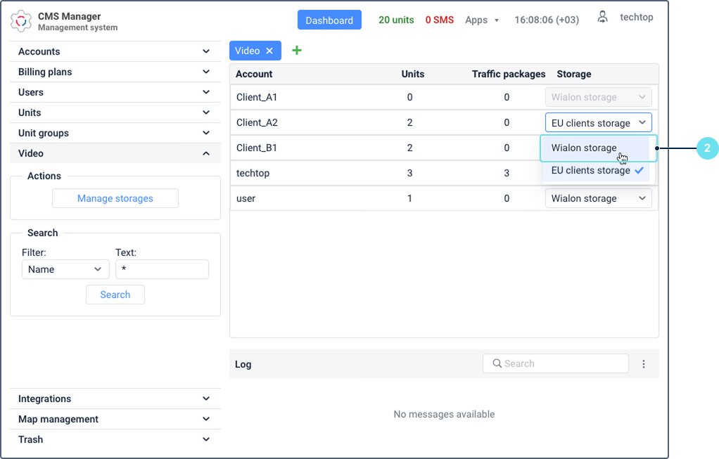 The 'Manage storages' window listing a configured custom storage. Callout 3 highlights the row for 'EU clients storage', showing a cursor hovering over it and a delete icon on the right side.
