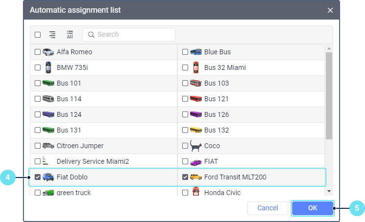 The "Automatic assignment list" window displays a searchable, two-column grid of vehicles where users can select units using checkboxes. The interface includes a top toolbar with view-toggle icons for units and groups, and it concludes with a blue OK button to confirm the assignments.