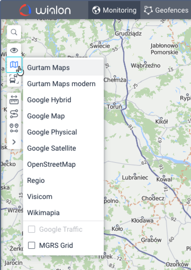 Map selection menu listing base layers such as Gurtam Maps, Google Hybrid, and OpenStreetMap, and additional layers such as Google Traffic and MGRS Grid