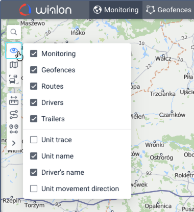 Visible layers menu with checkboxes for Monitoring, Geofences, Routes, Drivers, Trailers, Unit trace, Unit name, Driver's name, and Unit movement direction