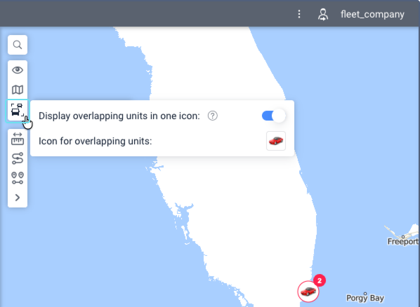 Unit display settings panel with the "Display overlapping units in one icon" option enabled and a red car set as the icon for overlapping units
