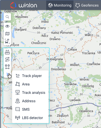 Tools menu expanded from the left panel of the map, listing Track player, Area, Track analysis, Address, SMS, and LBS detector