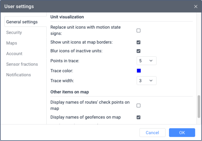 User settings dialog with the Unit visualization panel
