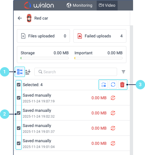 The Wialon "Video" tab for a unit features numbered callouts: "1" for selection mode, "2" for checkboxes next to four selected files, and "3" for bulk action icons ("skip", "retry", and "delete").