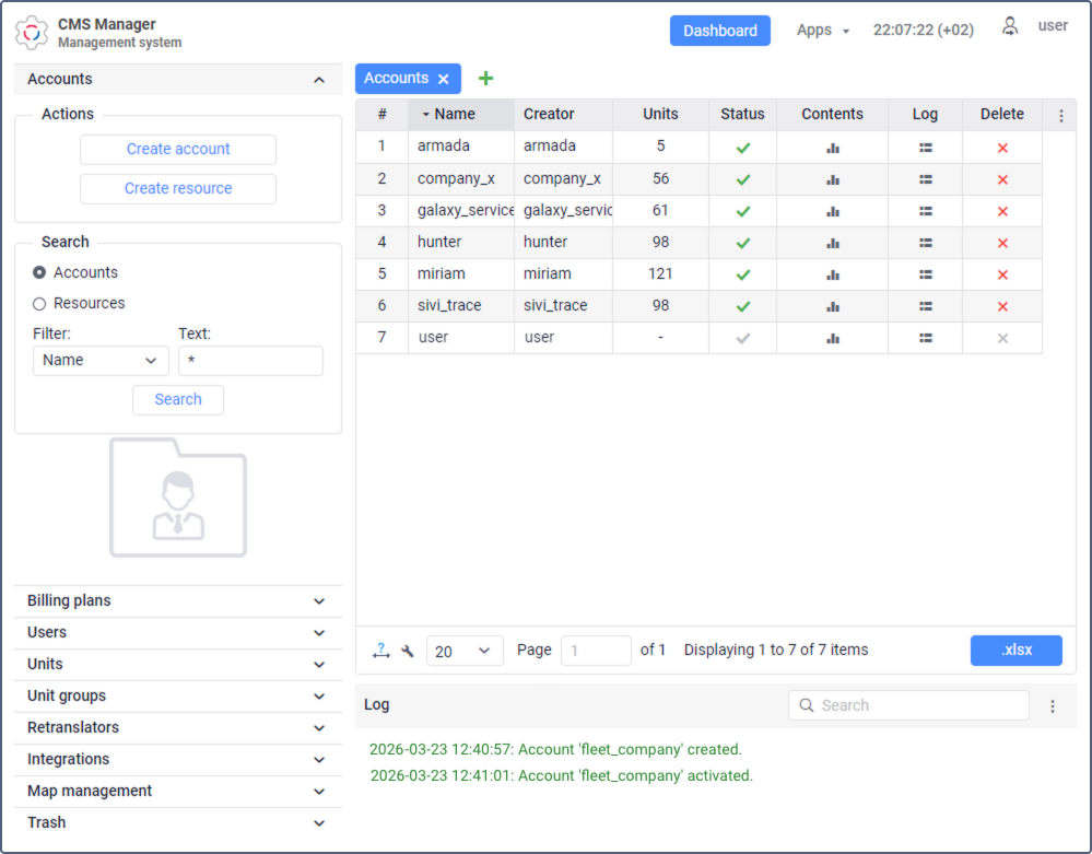 CMS Manager interface showing three-panel layout: navigation tabs on the left, main work area in the center, and activity log at the bottom.