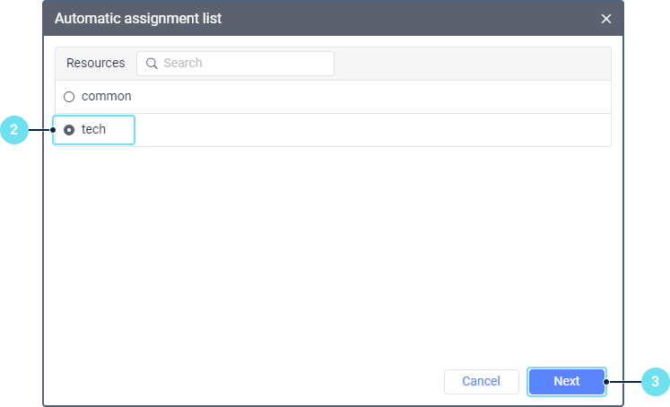 The "Automatic assignment list" window displays a resource selection list with a search bar and radio buttons for resource selection.