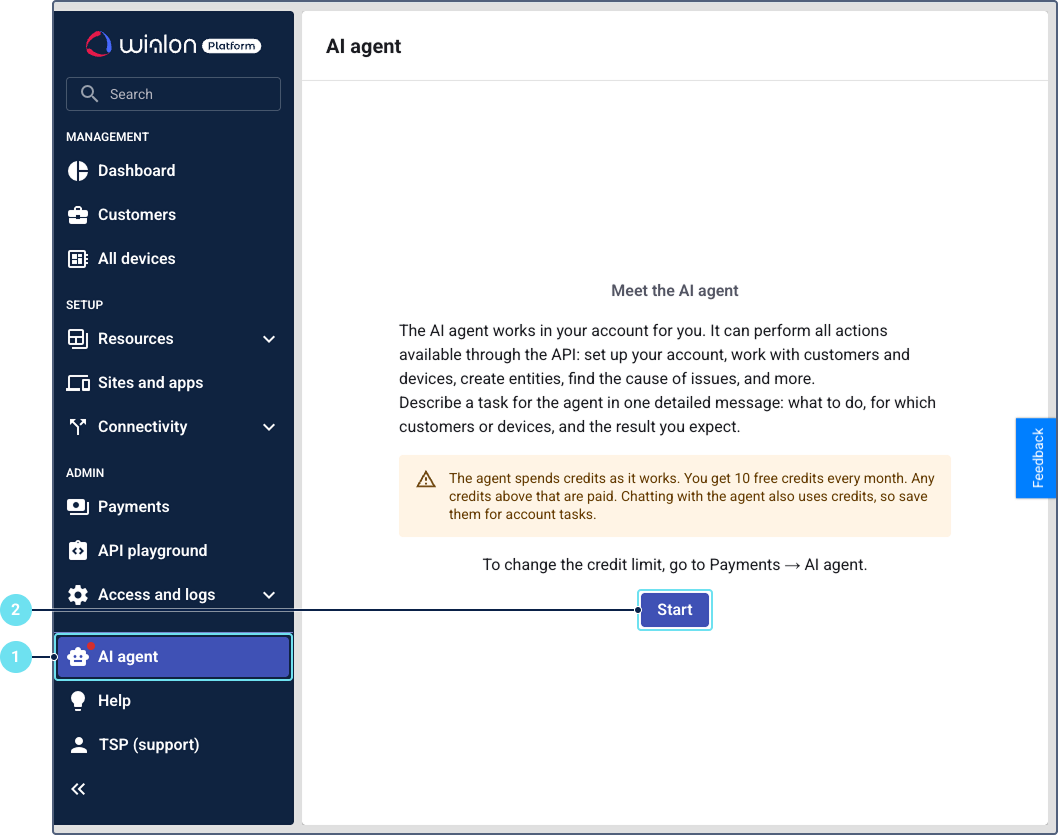 AI agent page with the Start button