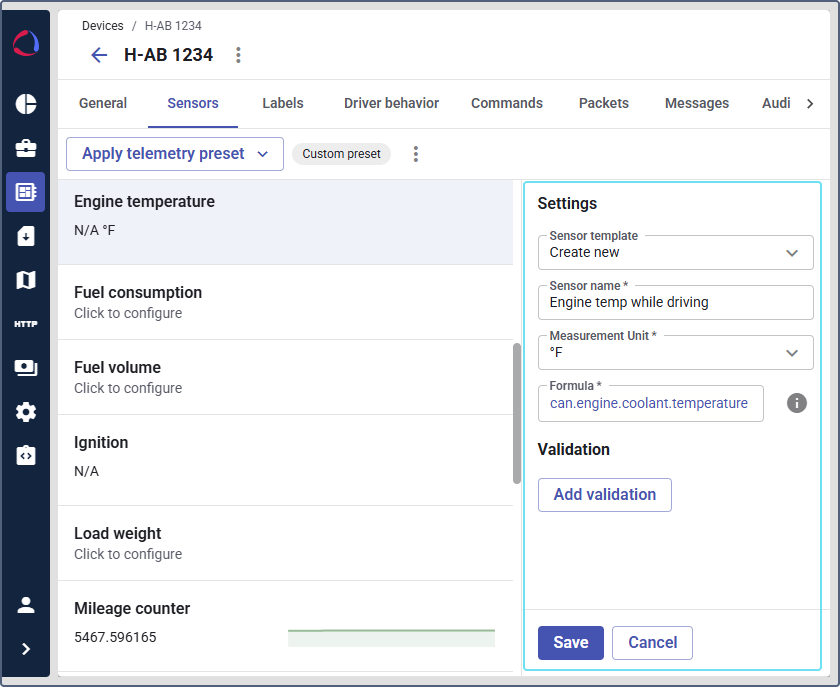 create a new sensor template for the engine temperature sensor