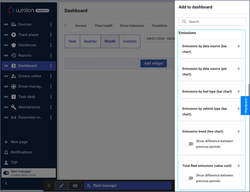 dashboard in editor mode with emissions widget highlighted