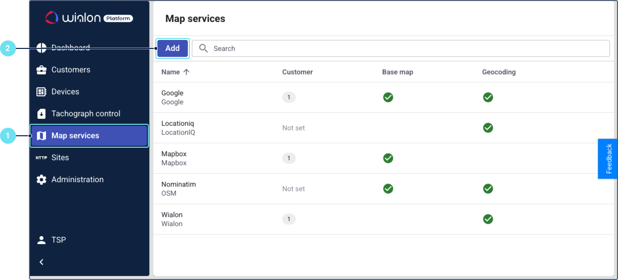 A screenshot of Wialon Platform Studio's 'Map services' screen, showing a list of configured map providers.