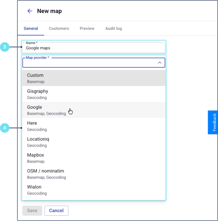 A form for creating a "New map," with the "Map provider" dropdown menu open and the cursor hovering over the "Google" option.