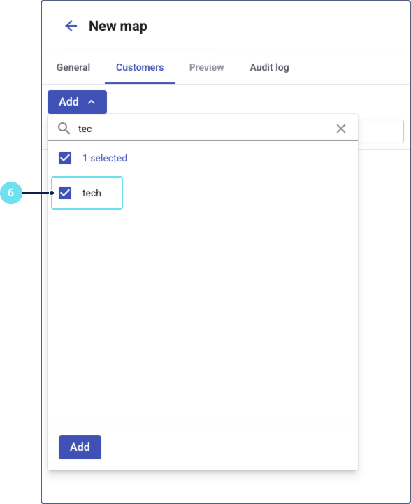 On the "Customers" tab of the "New map" form, a user is selecting a customer named "tech" from an "Add" search dropdown.