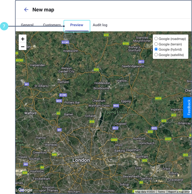 On the "Preview" tab of the "New map" form, a hybrid satellite Google Map of the London area is displayed, with the "hybrid" layer option selected.