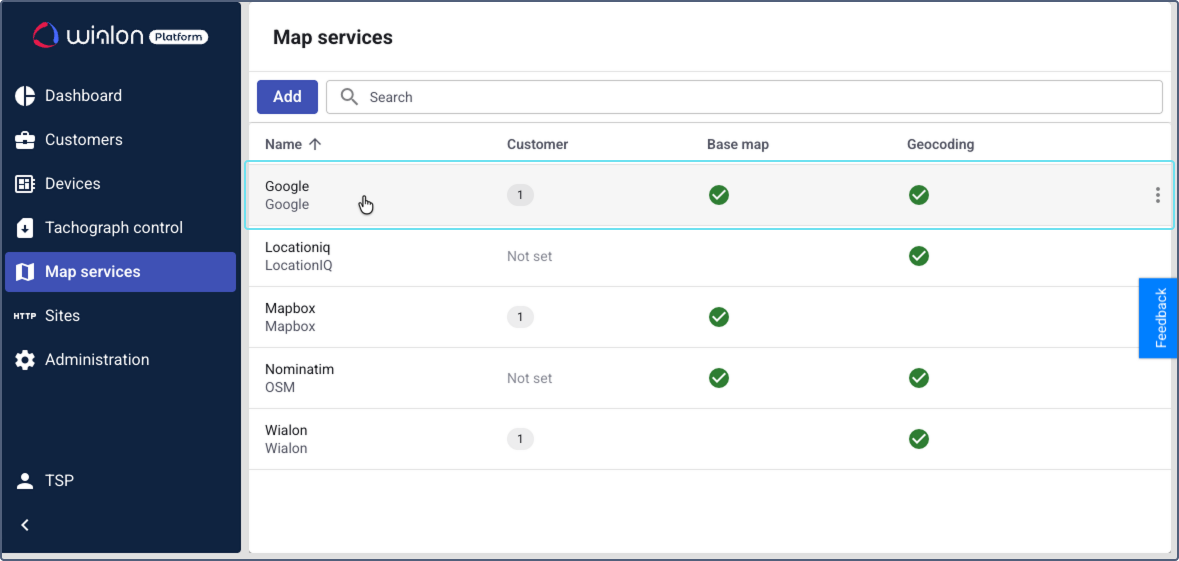 The "Map services" screen in Wialon Platform Studio, with a cursor hovering over the "Google" entry and causing the row to be highlighted.