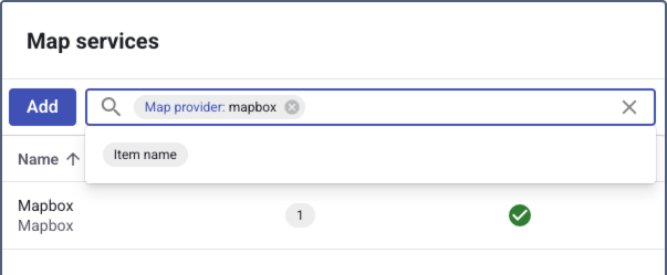 The search bar on the "Map services" screen with a filter applied for "Map provider: mapbox," showing only the "Mapbox" service in the filtered results below.