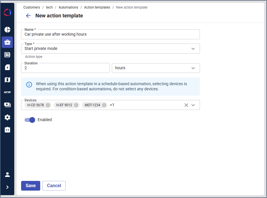 Car private use after working hours action template with 2 hours duration