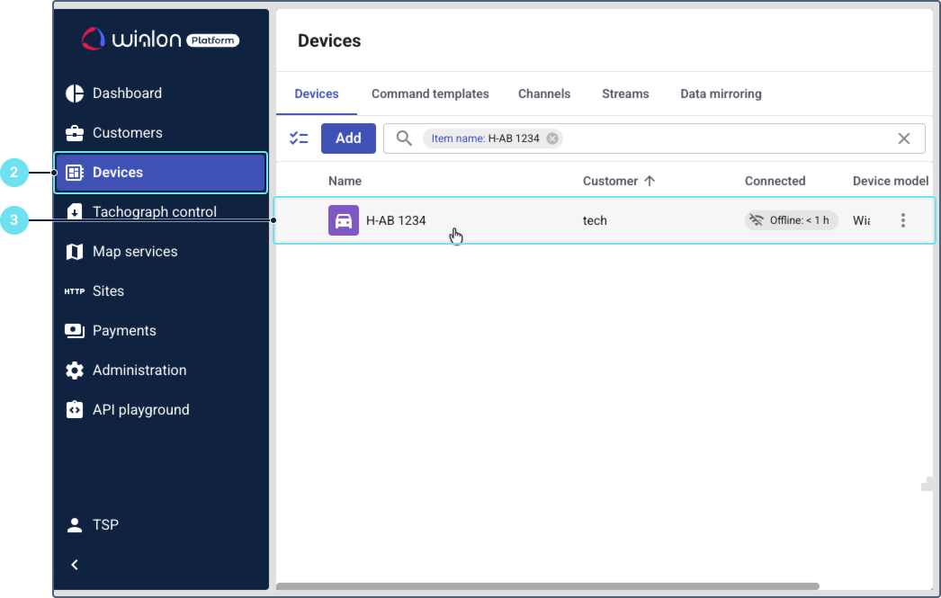 Screenshot of the Wialon Platform "Devices" section. A search for "H-AB 1234" is displayed, showing one offline device named "H-AB 1234".
