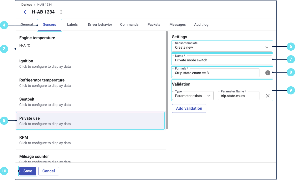 Screenshot of a device sensor configuration page. A "Private use" sensor is being set up with the name "Private mode switch" and a formula "$Strip.state.enum == 3$".