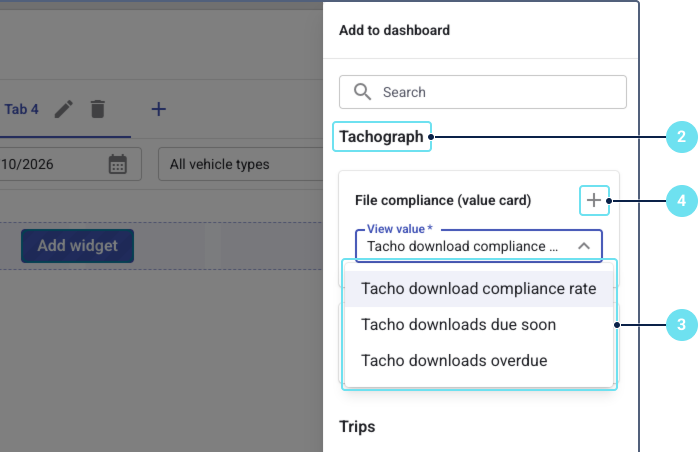 File compliance widget in the Add to dashboard panel