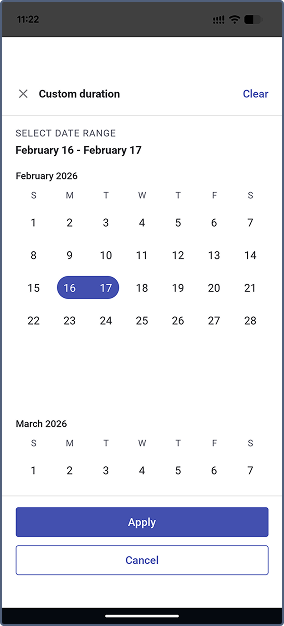 Custom duration selection using calendar