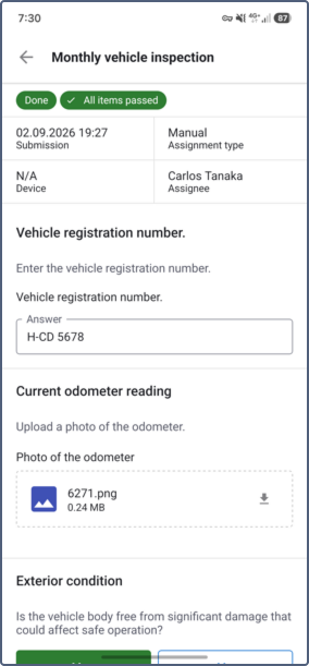Submitted form open showing the answers provided by the driver