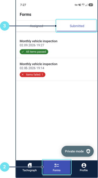 Forms tab with the Submitted tab open, showing a list of submitted forms with their pass/fail status