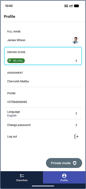 Profile page with the highlighted Driving score section