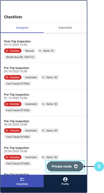 The Checklists screen in Wialon Driver showing a list of assigned checklists with the Private mode button highlighted at the bottom of the screen.