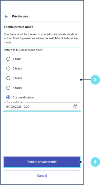 The Private use screen for enabling private mode, displaying preset duration options (1 hour, 2 hours, 3 hours, 4 hours) and a Custom duration option with a date and time picker, along with the Enable private mode button.