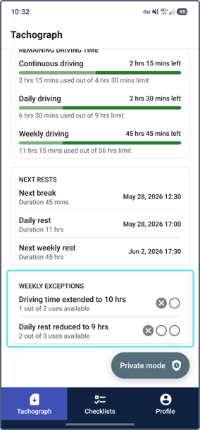 Tachograph tab with the weekly exceptions section highlighted