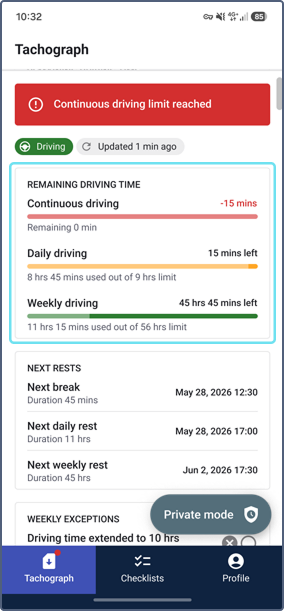 Tachograph tab with the remaining driving time highlighted