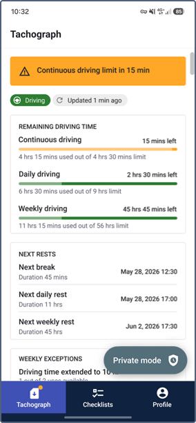 Tachograph tab with the remaining driving time, next rests, and weekly exceptions