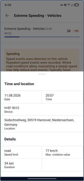 Violation details panel with the Time and location and Details sections