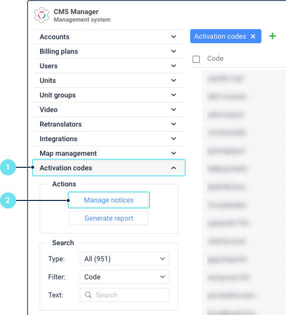 El panel de navegación de CMS Manager con la sección Códigos de activación expandida, mostrando el grupo Acciones con los enlaces Gestionar avisos y Generar informe, y el grupo Búsqueda con los campos Tipo, Filtro y Texto.