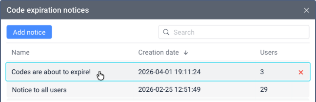 El cuadro de diálogo Avisos de expiración de códigos con una fila de aviso resaltada al pasar el cursor, mostrando un botón X rojo para eliminar en el lado derecho de la fila.