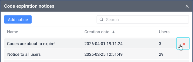 Un primer plano del cuadro de diálogo Avisos de expiración de códigos con el botón X rojo (eliminar) resaltado mientras el cursor pasa sobre él para un aviso específico.