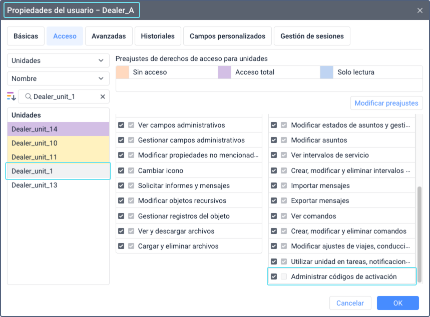 Ventana de propiedades de usuario en el CMS Manager con la pestaña Acceso abierta. El derecho de acceso Gestionar códigos de activación está habilitado para una unidad, indicado por una casilla marcada. Otros derechos de acceso se enumeran en formato de tabla.