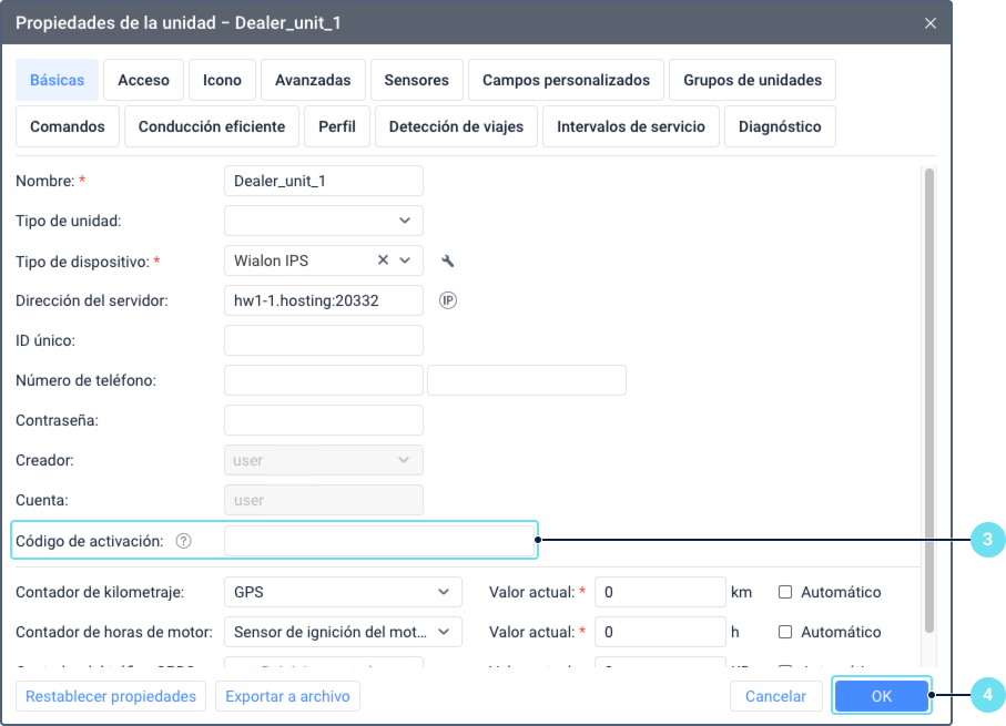 Diálogo de propiedades de la unidad que muestra un campo de Código de activación vacío. El campo aparece como un cuadro de texto en blanco dentro de la interfaz de configuración de la pestaña General. Otros campos de configuración son visibles pero no están en foco.