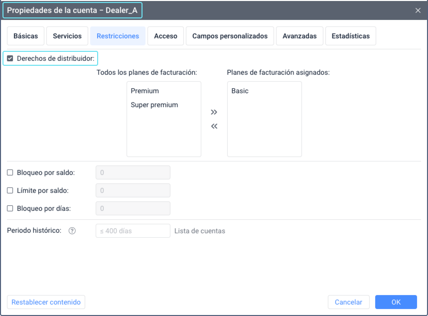 Ventana de propiedades de la cuenta abierta en la pestaña Restricciones en el CMS Manager. La opción Derechos de distribuidor es visible con una casilla marcada, indicando que está habilitada. Otras opciones y configuraciones se enumeran en formato de tabla.